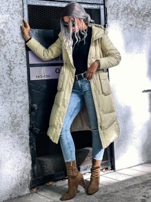 SHEIN LUNE Zip Up Snap Button Hooded Down Coat - Khaki - View 7