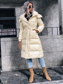 SHEIN LUNE Áo lông nữ Túi Dây kéo màu trơn Giải trí - Màu be - Xem 9