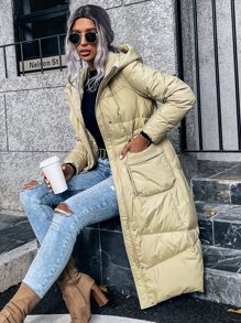 SHEIN LUNE Zip Up Snap Button Hooded Down Coat - Khaki - View 8