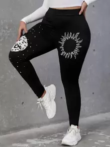 SHEIN EZwear 大碼太陽印花緊身打底褲 - 黑色 - 查看 6