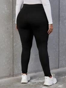 SHEIN EZwear 大碼太陽印花緊身打底褲 - 黑色 - 查看 2