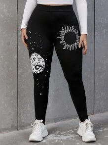 SHEIN EZwear 大碼太陽印花緊身打底褲 - 黑色 - 查看 3