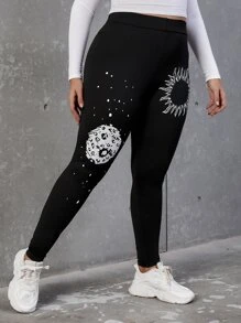 SHEIN EZwear 大碼太陽印花緊身打底褲 - 黑色 - 查看 4