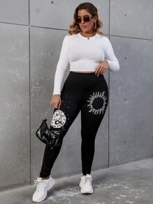 SHEIN EZwear 大碼太陽印花緊身打底褲 - 黑色 - 查看 5