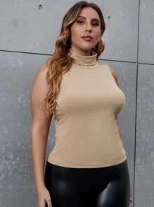 SHEIN Unity Plus High Neck Ribbed Knit Tank Top - Apricot - View 6