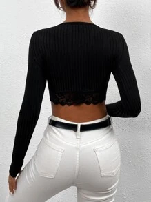 SHEIN PETITE Contrast Lace Ruched Crop Tee - Black - View 2