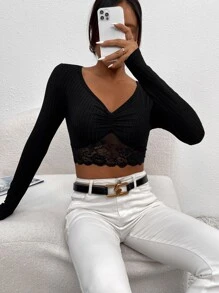 SHEIN PETITE Contrast Lace Ruched Crop Tee - Black - View 4