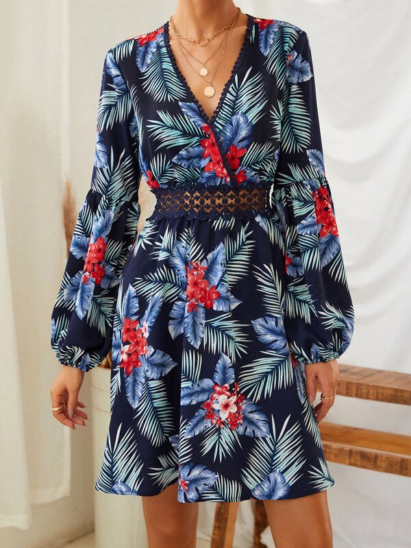 Surplice Neck Tropical Print Contrast Guipure Lace Lantern Sleeve Dress