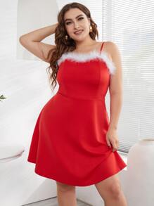 大碼毛茸茸邊吊帶洋裝 - 紅色 - 查看 1