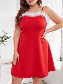 大碼毛茸茸邊吊帶洋裝 - 紅色 - 查看 3
