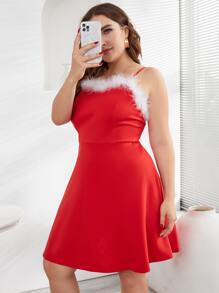 大碼毛茸茸邊吊帶洋裝 - 紅色 - 查看 4