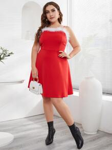 大碼毛茸茸邊吊帶洋裝 - 紅色 - 查看 5