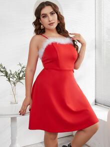 大碼毛茸茸邊吊帶洋裝 - 紅色 - 查看 6