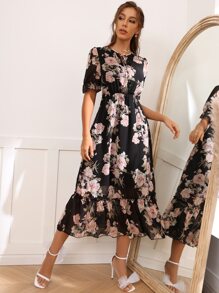 Modelyn 印花前繫帶荷葉袖連衣裙 - 彩色 - 查看 1