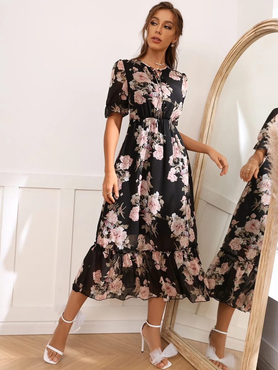 Modelyn 印花前繫帶荷葉袖連衣裙 - 彩色 - 查看 1
