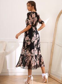Modelyn 印花前繫帶荷葉袖連衣裙 - 彩色 - 查看 2