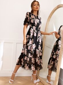 Modelyn 印花前繫帶荷葉袖連衣裙 - 彩色 - 查看 6