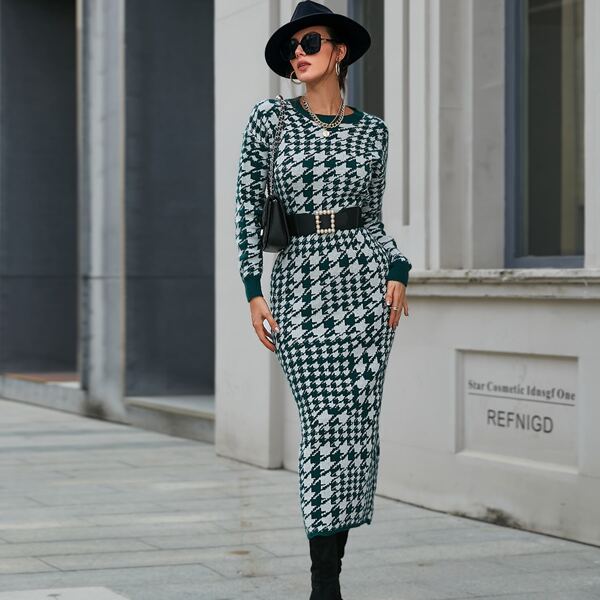 

Houndstooth Pattern Drop Shoulder Sweater & Knit Skirt, Multicolor