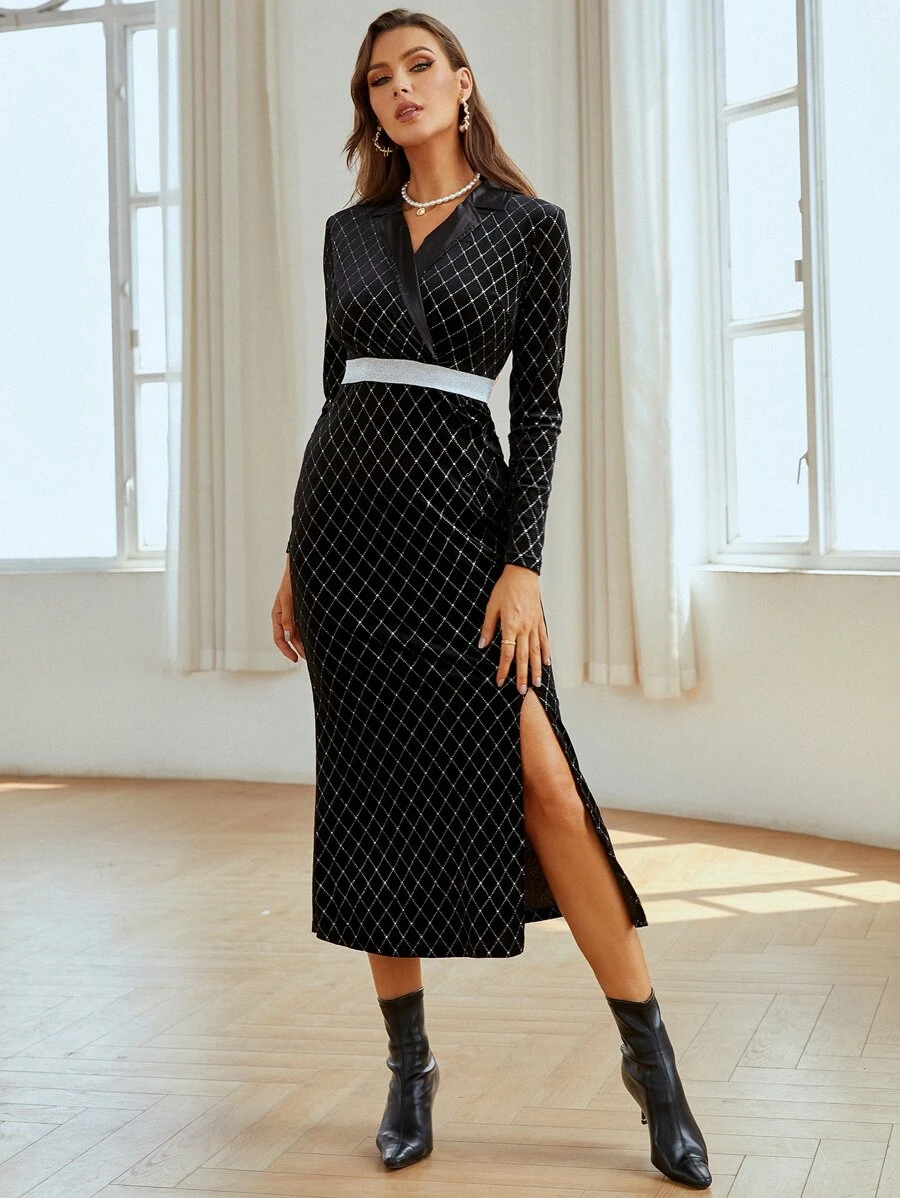 Modelyn 菱形印花西裝領高衩絲絨洋裝 - 黑色 - 查看 1