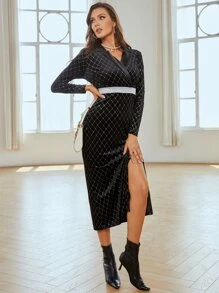 Modelyn 菱形印花西裝領高衩絲絨洋裝 - 黑色 - 查看 5