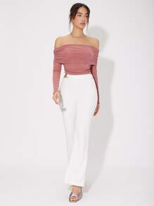 SHEIN Privé Off Shoulder Ruched Top, Going Out Top - Dusty Pink - View 3