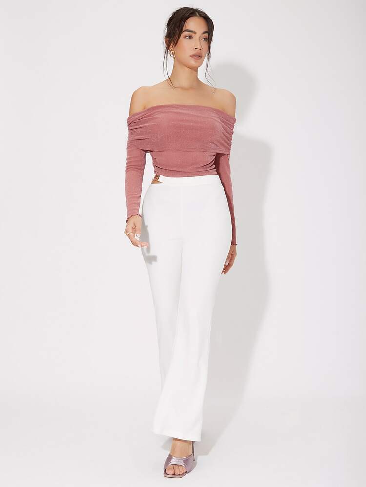 SHEIN Privé Off Shoulder Ruched Top, Going Out Top - Dusty Pink - View 3