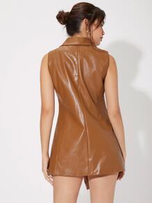 SHEIN Unity 青果領不對稱下擺PU皮革外套馬甲 - 棕色 - 查看 2