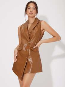 SHEIN Unity 青果領不對稱下擺PU皮革外套馬甲 - 棕色 - 查看 4