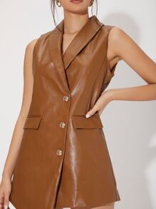 SHEIN Unity 青果領不對稱下擺PU皮革外套馬甲 - 棕色 - 查看 5