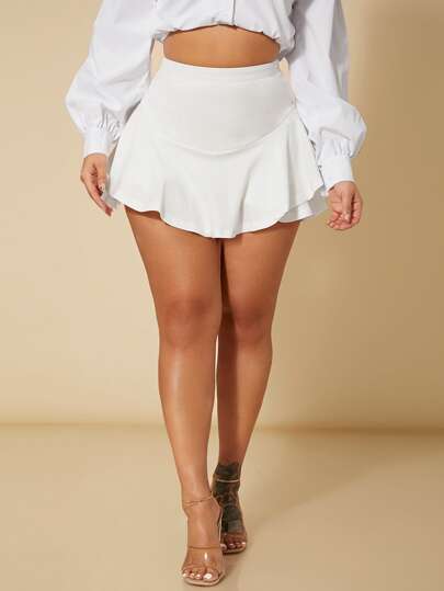 Women Summer Solid High Waist Ruffle Hem Skort