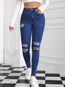 SHEIN Frenchy High Waist Ripped Detail Skinny Jeans Casual