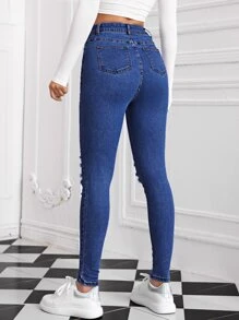 SHEIN Frenchy High Waist Ripped Detail Skinny Jeans Casual