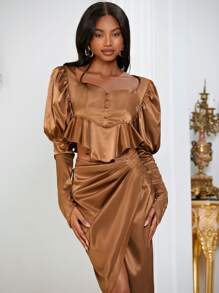 SHEINNeu Gigot Sleeve Peplum Satin Blouse - Brown - View 6