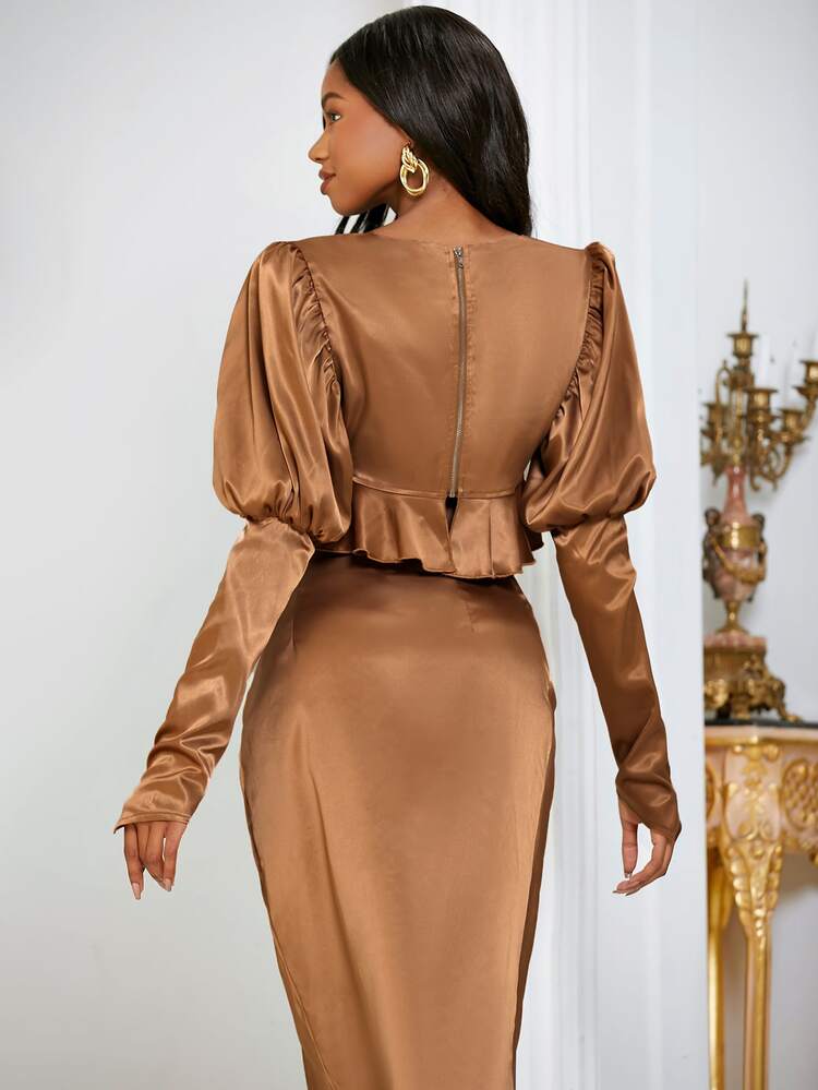SHEINNeu Gigot Sleeve Peplum Satin Blouse - Brown - View 2