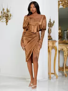 SHEINNeu Gigot Sleeve Peplum Satin Blouse - Brown - View 3