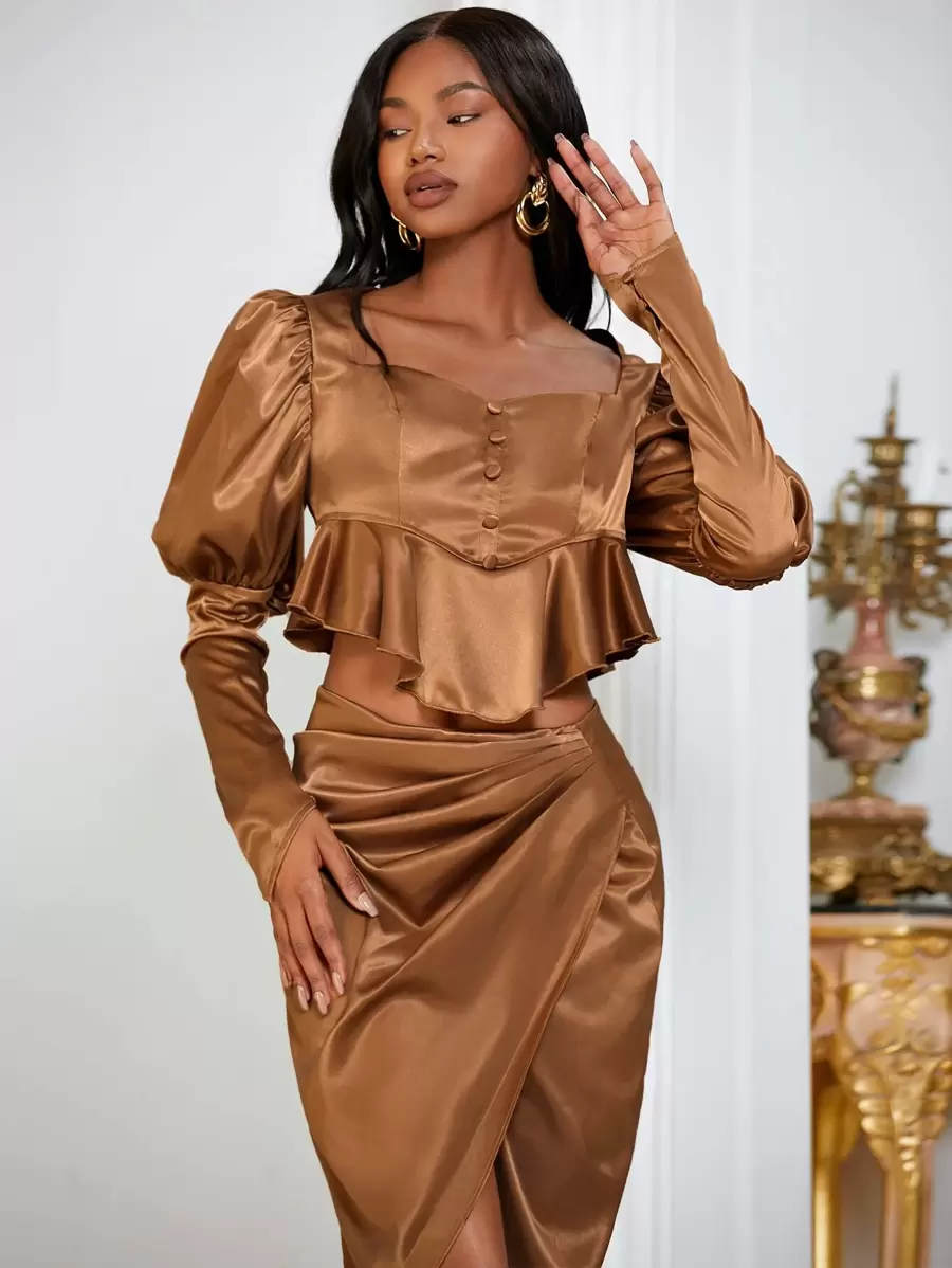SHEINNeu Gigot Sleeve Peplum Satin Blouse - Brown - View 1
