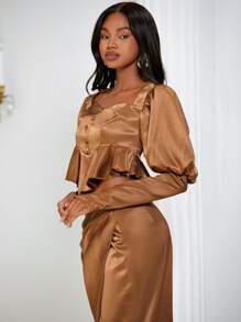 SHEINNeu Gigot Sleeve Peplum Satin Blouse - Brown - View 5