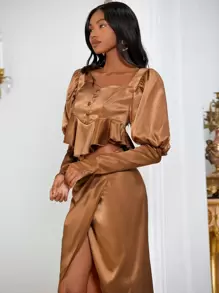 SHEINNeu Gigot Sleeve Peplum Satin Blouse - Brown - View 4