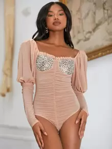 SHEINNeu Leopard Print Ruched Frill Trim Gigot Sleeve Mesh Bodysuit - Dusty Pink - View 4