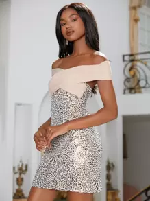 SHEINNeu Robe moulante à léopard col bardot à ruché - Multicolore - Voir 1