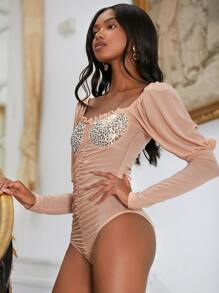 SHEINNeu Leopard Print Ruched Frill Trim Gigot Sleeve Mesh Bodysuit - Dusty Pink - View 5