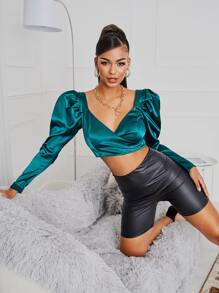 SHEIN BAE بلوزة قصيرة ياقة سويت هارت اكمام شكل ساق الضأن - أخضر داكن - مشاهدة 1