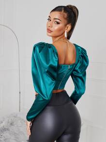 SHEIN BAE بلوزة قصيرة ياقة سويت هارت اكمام شكل ساق الضأن - أخضر داكن - مشاهدة 2