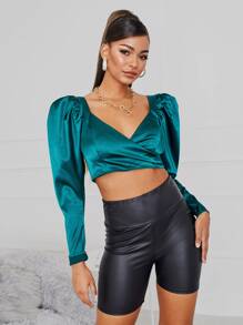 SHEIN BAE بلوزة قصيرة ياقة سويت هارت اكمام شكل ساق الضأن - أخضر داكن - مشاهدة 4
