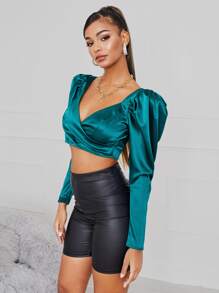 SHEIN BAE بلوزة قصيرة ياقة سويت هارت اكمام شكل ساق الضأن - أخضر داكن - مشاهدة 5