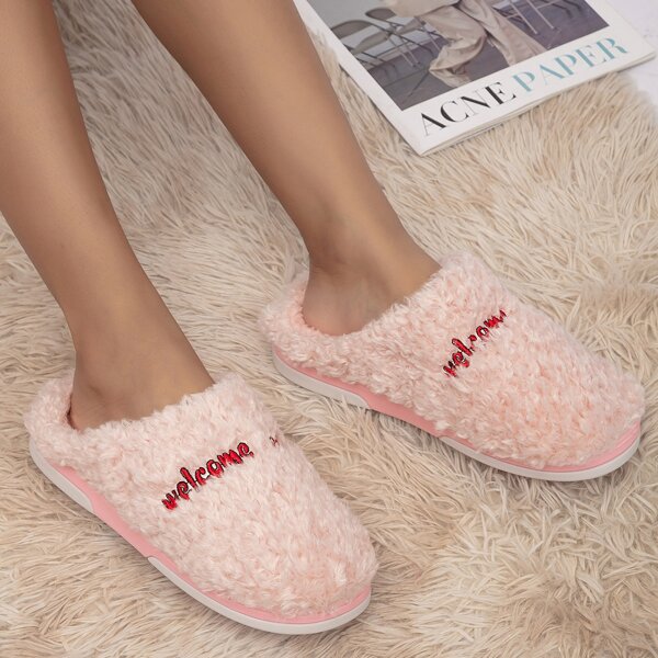 

Letter Graphic Fluffy Slippers, Baby pink
