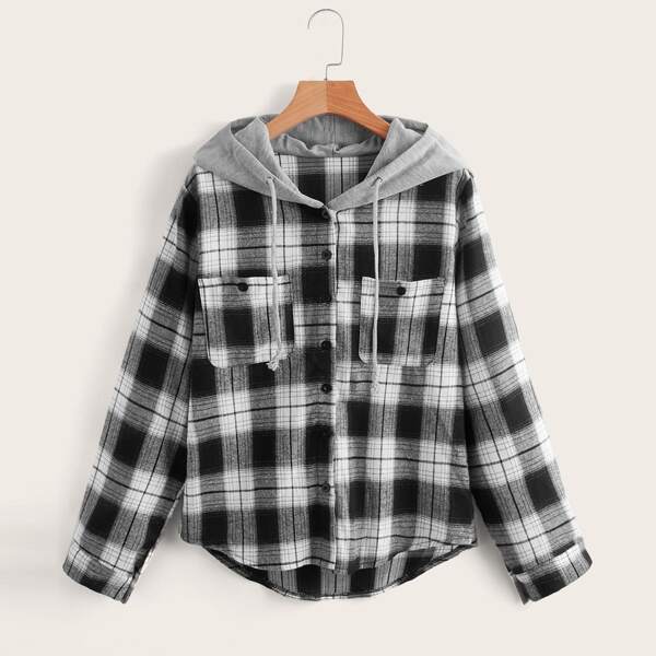 

Plaid Contrast Drawstring Hooded Flannel Shirt, Black and white
