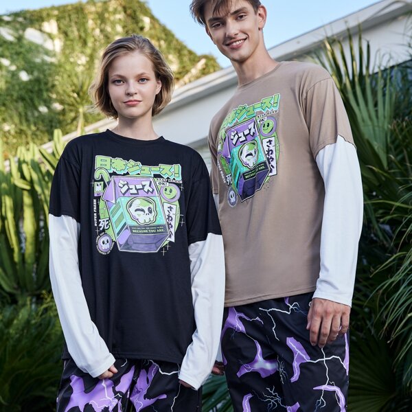 

Unisex 1pc 2 In 1 Skull Graphic Tee, Black