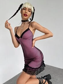 ROMWE PUNK Contrast Lace Scallop Trim Mesh Cami Bodycon Dress - Multicolor - View 1