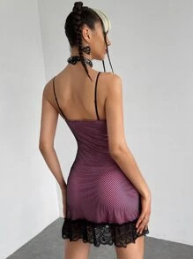 ROMWE PUNK Contrast Lace Scallop Trim Mesh Cami Bodycon Dress - Multicolor - View 2